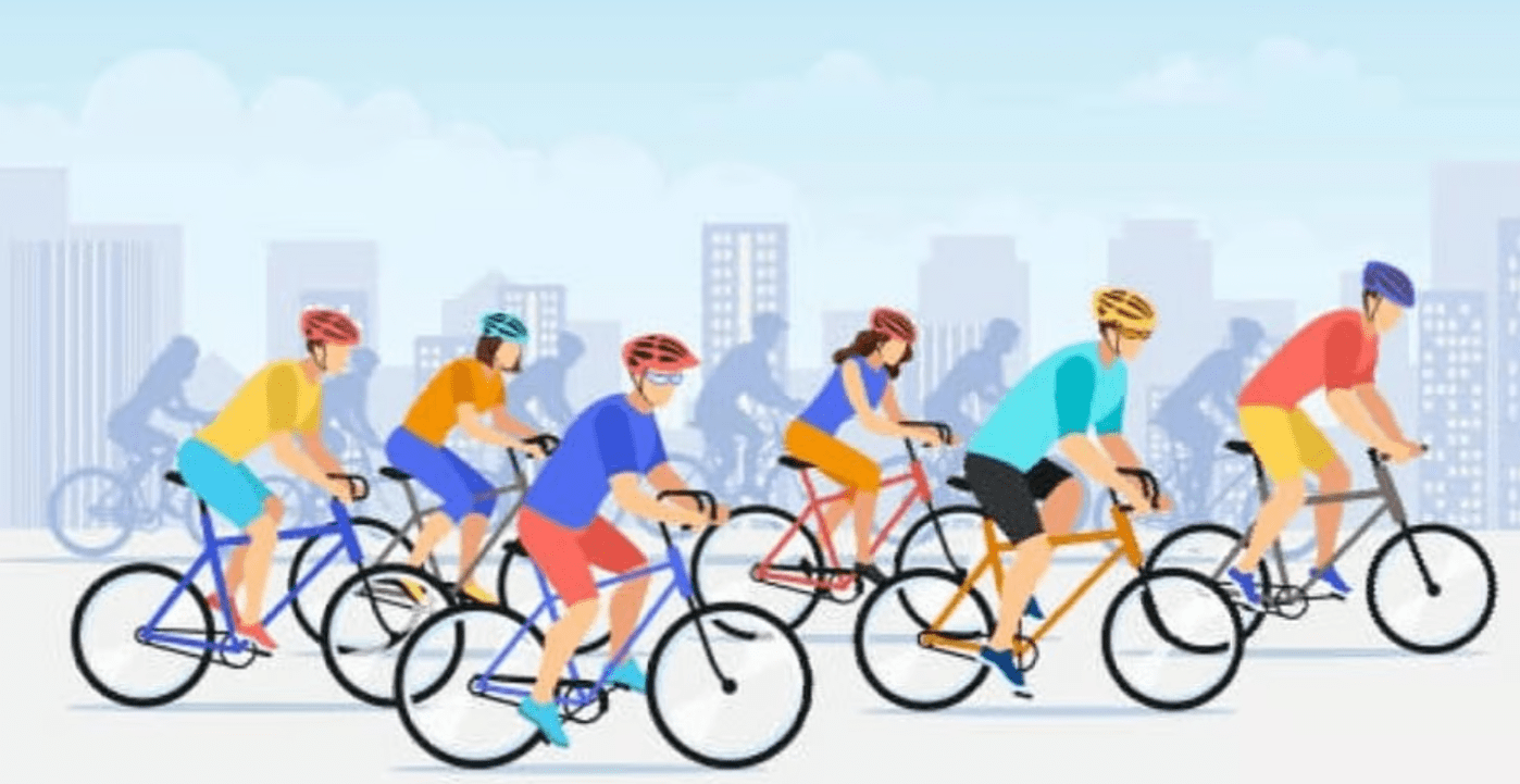 Cartoon image of lots of people cycling