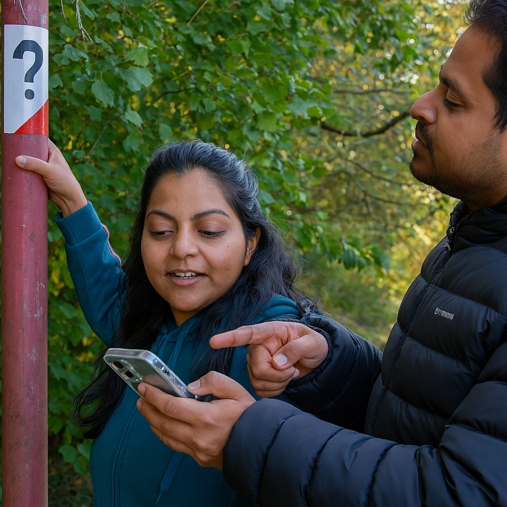 Photograph of a couple inspecting a lamp post that has a red and white orienteering sticker on it.